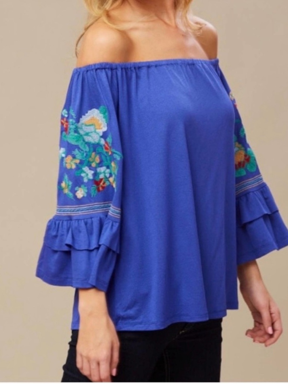 Altar'd State Women’s Boho Embroidered Top M Off Shoulder Flare Bell Sleeve Blue